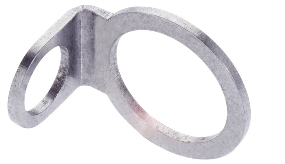 Ein ovales Metallteil mit zwei unterschiedlich großen Ringen, die durch einen Steg verbunden sind. Es könnte ein technisches Bauteil sein.