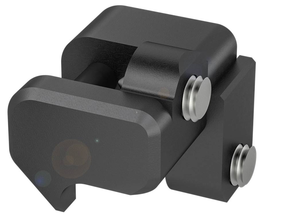 Schwarzes Metallbauteil mit zwei silbernen Schrauben, möglicherweise ein Scharnier oder Verbindungselement in industriellem Design.