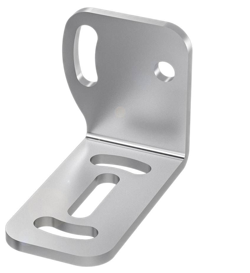 Metallwinkel mit zwei Befestigungslöchern und abgerundeten Kanten, geeignet zur Montage an Wand oder Möbel.