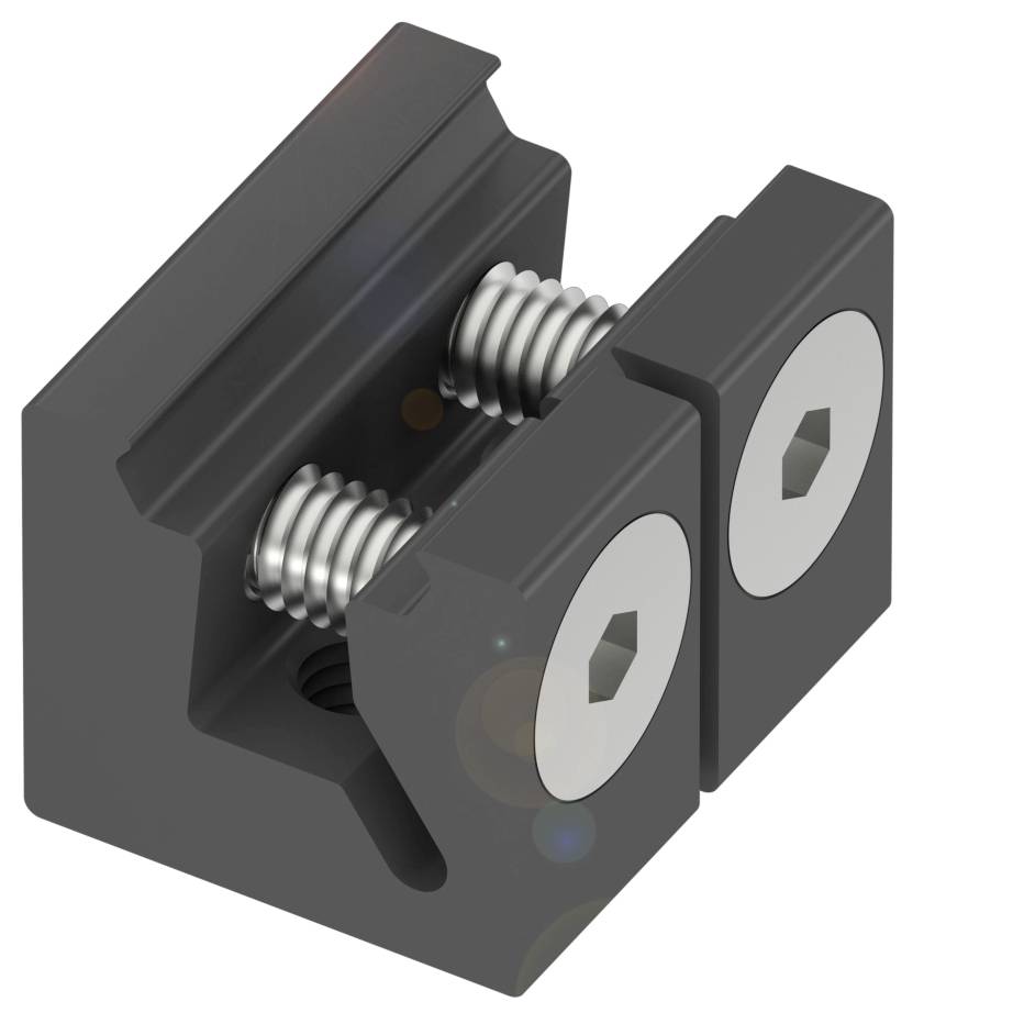 Eine schwarze Klemme mit zwei sichtbaren Schraubenfedern. Sie dient zum Halten oder Fixieren von Objekten.