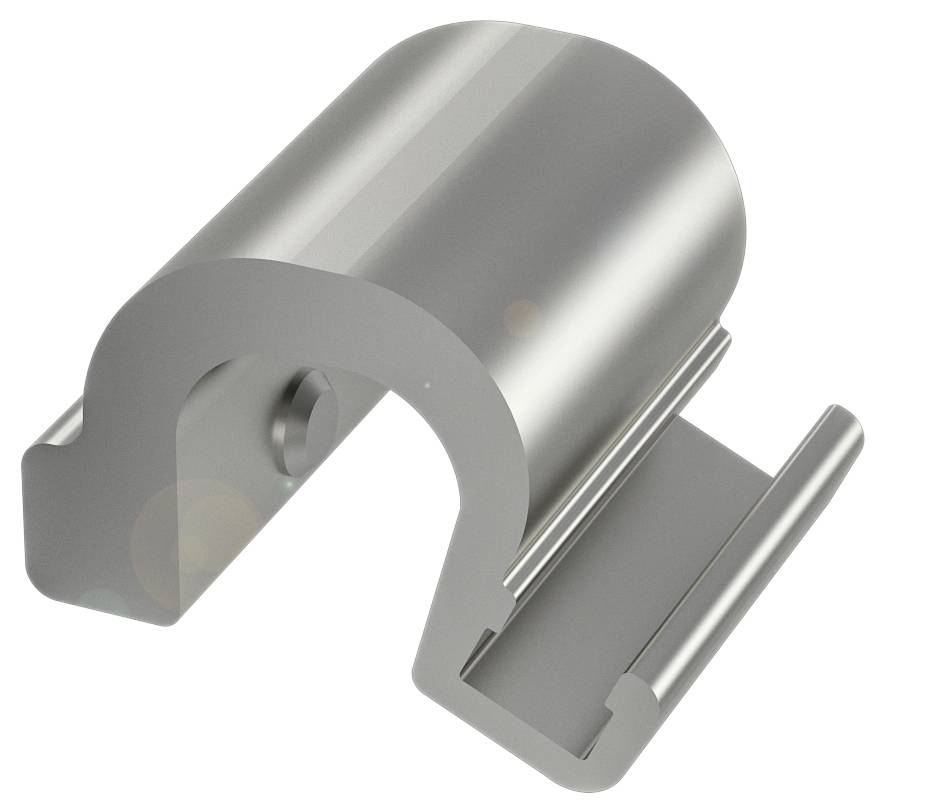 Metallklammer in C-Form, die ein Rohr oder Kabel hält; industrielle Befestigungskomponente.