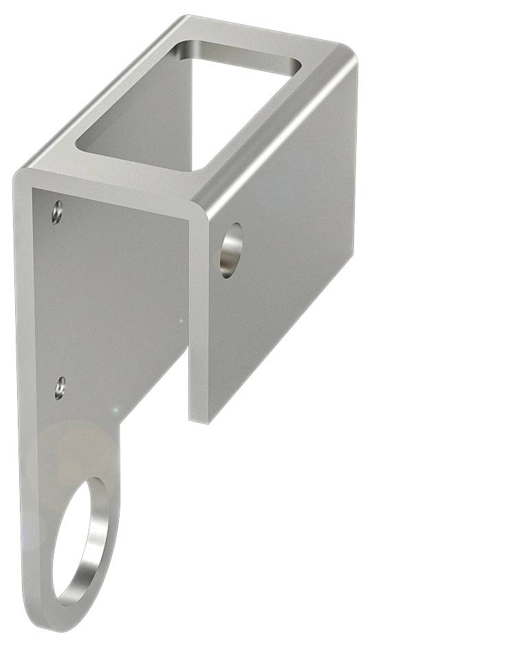 Metallisches Winkelblech mit rechteckiger Aussparung und runder Befestigungsöse, geeignet für mechanische Anwendungen.