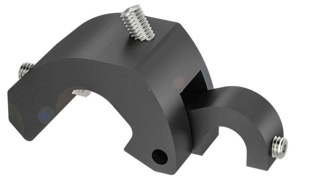 Metallklammer mit drei Schrauben, die zwei gebogene Teile verbindet. Verwendet zur stabilen Befestigung von strukturellen Elementen.