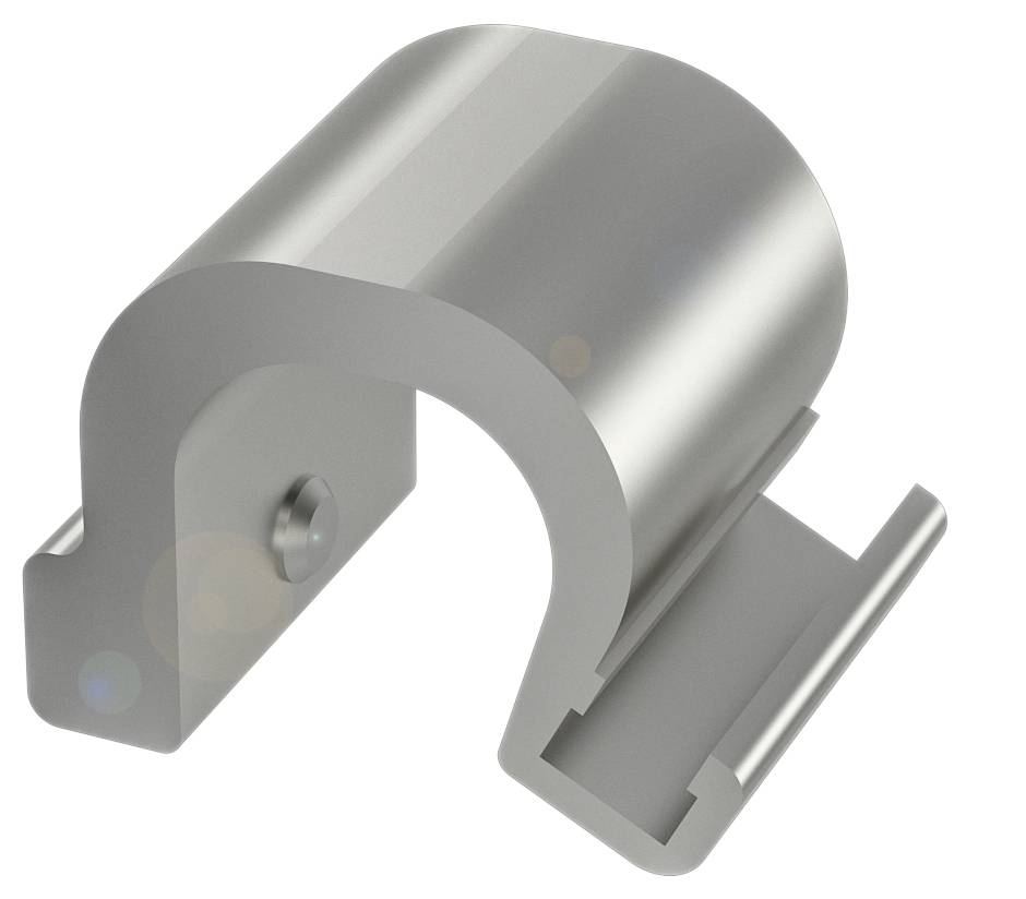 Metallische Rohrschelle in U-Form zur Befestigung an Flächen. Sie besitzt einen Schraubmechanismus für eine stabile Verbindung.