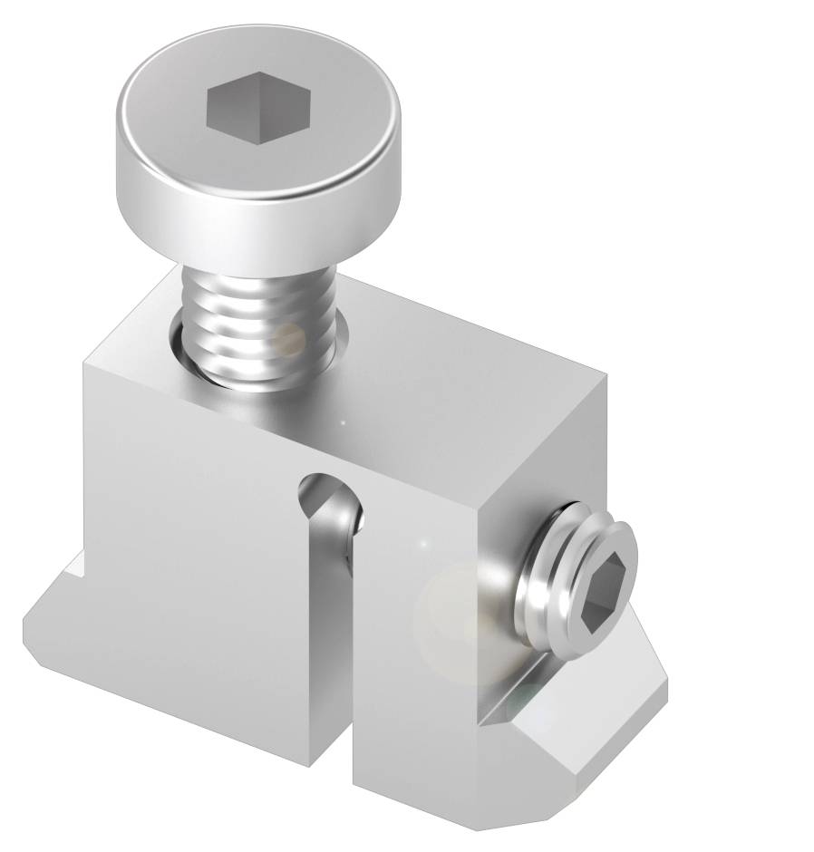 Metallische Spannvorrichtung mit zwei versenkten Inbusschrauben, verwendet zur Befestigung oder Stabilisierung von Bauteilen.