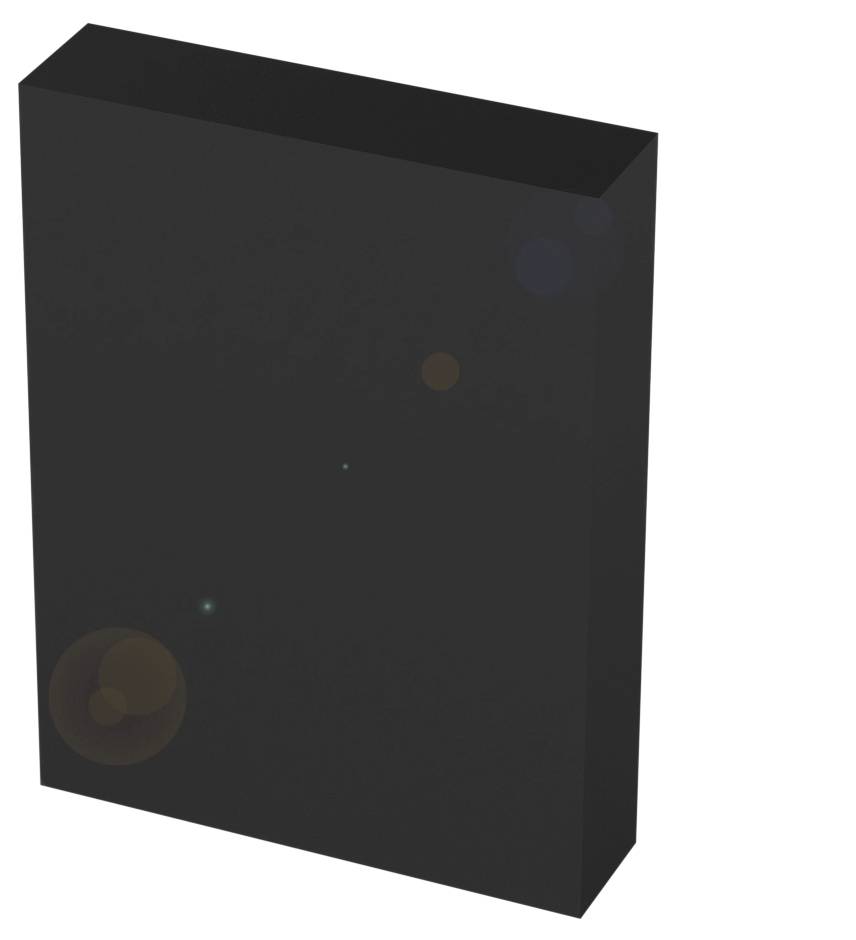 Eine schwarze, rechteckige Box vor weißem Hintergrund, möglicherweise ein Produktverpackungsmodell ohne sichtbare Kennzeichnungen oder Details.