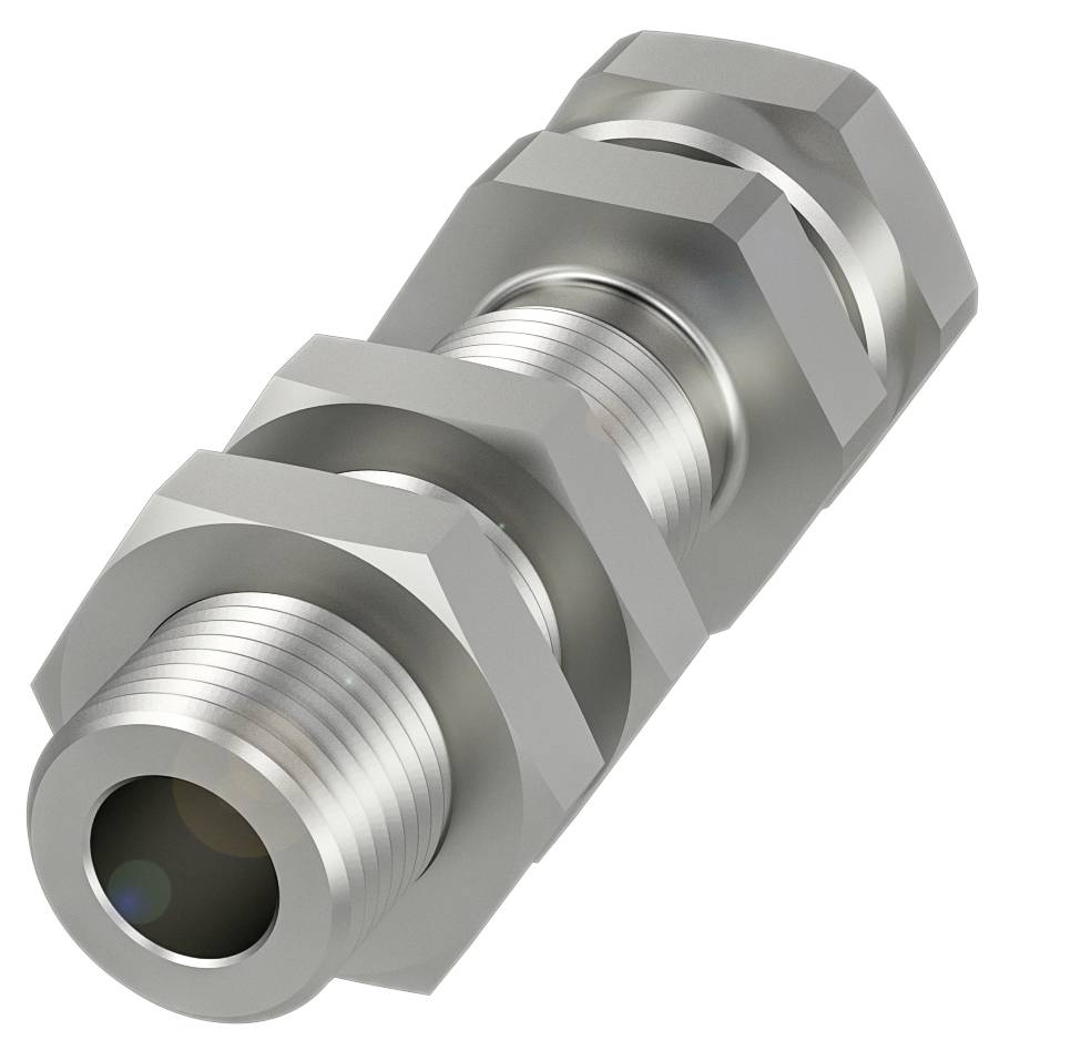 Metallischer Schlauchverbinder mit Gewinde und sechseckigen Muttern, zur Verbindung von Schläuchen in hydraulischen Systemen.