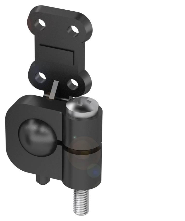 Schwarzes Scharnier mit zwei Befestigungslöchern, kugelförmigem Gelenk und Schraube für Montagezwecke.