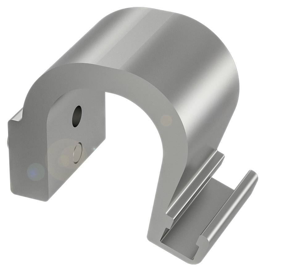 Metallische Halterung mit gebogener Struktur und flachen Befestigungslaschen, vermutlich zur stabilen Montage von Geräten oder Bauteilen.