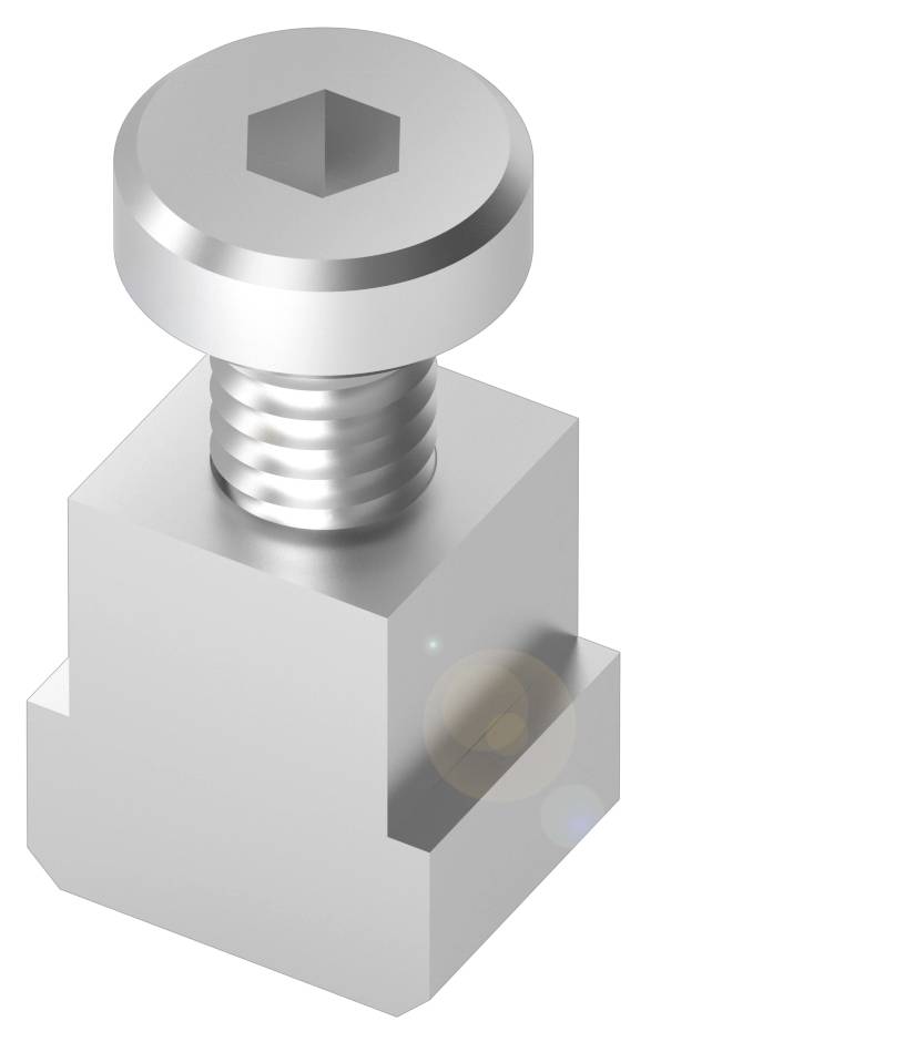 Eine silberne, sechskantige Schraube mit runder Kopfplatte, teilweise eingedreht in einen quaderförmigen, silbernen Metallblock.
