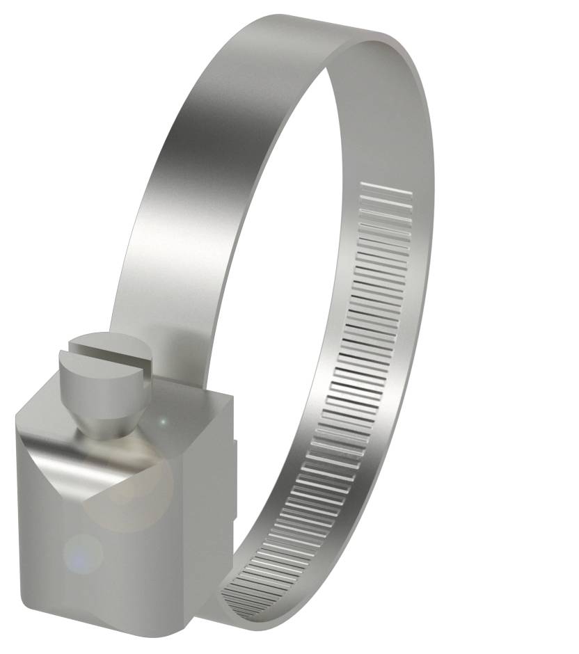 Metallische Schlauchschelle mit Schraubmechanismus, geeignet zur Befestigung von Schläuchen.