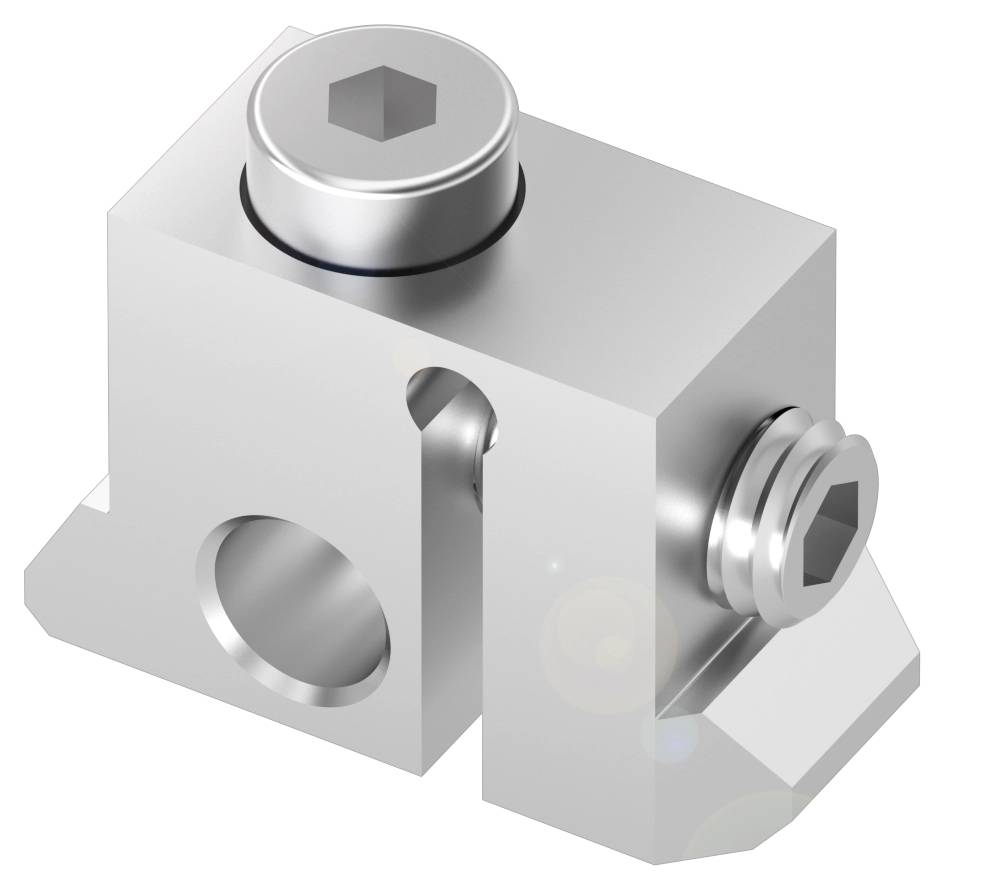 Metallblock mit runden Schraubenköpfen und zwei Löchern.