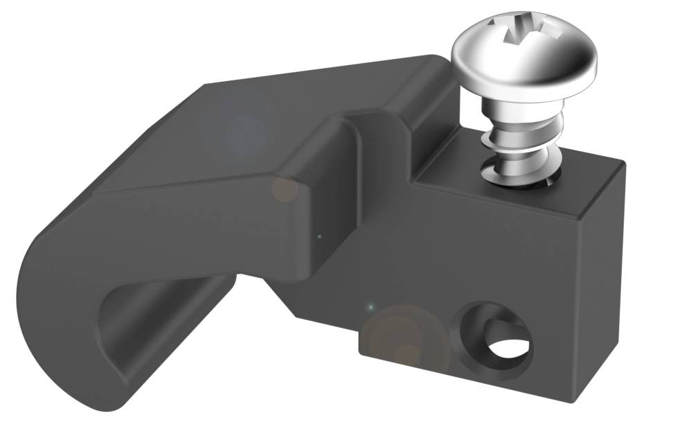 Schwarzes Kunststoffteil mit Hakenform, das eine integrierte Schraube enthält. Es scheint ein Befestigungselement für Möbel zu sein.