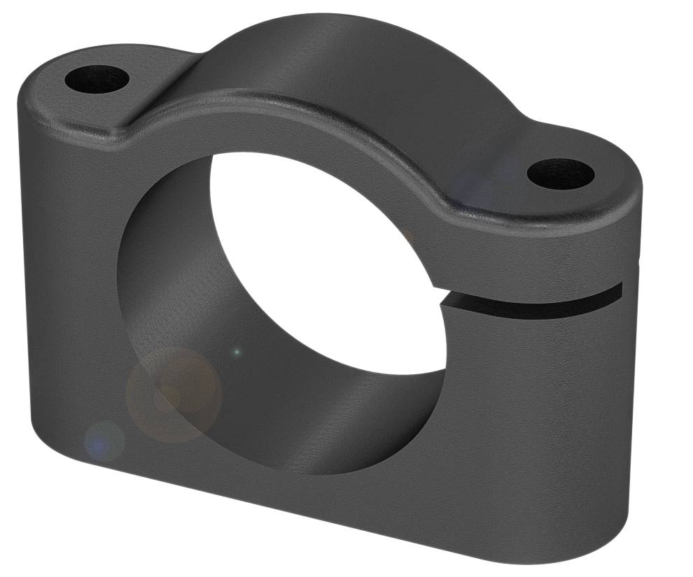 Ein schwarzer, ovaler Klemmhalter mit zwei Schraublöchern und runder Öffnung zur Befestigung von Rohren oder Stangen.