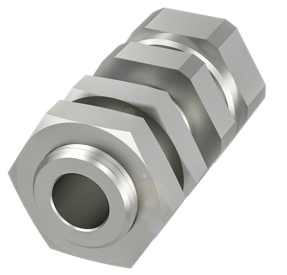 Vier ineinandergreifende Sechskantmuttern aus Metall in einer diagonalen Anordnung, zeigen industrielle Verbindungselemente.