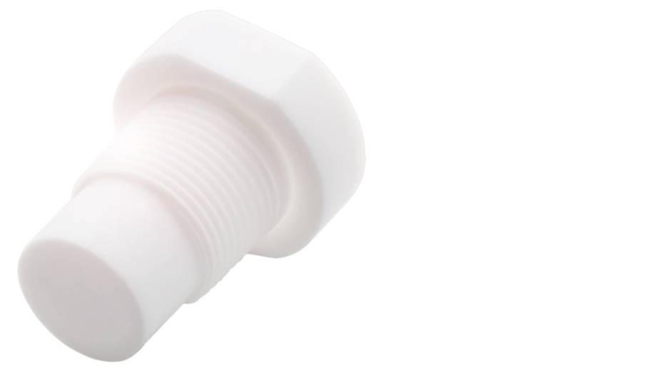 Ein weißer Kunststoffverschluss mit Gewinde, möglicherweise für ein Rohr oder einen Behälter.