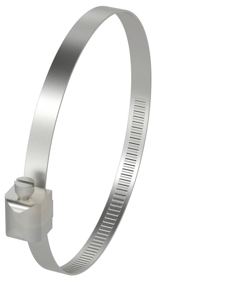 Eine silberne Metallschelle mit Schraubverschluss, die zum Befestigen von Schläuchen oder Kabeln verwendet wird.