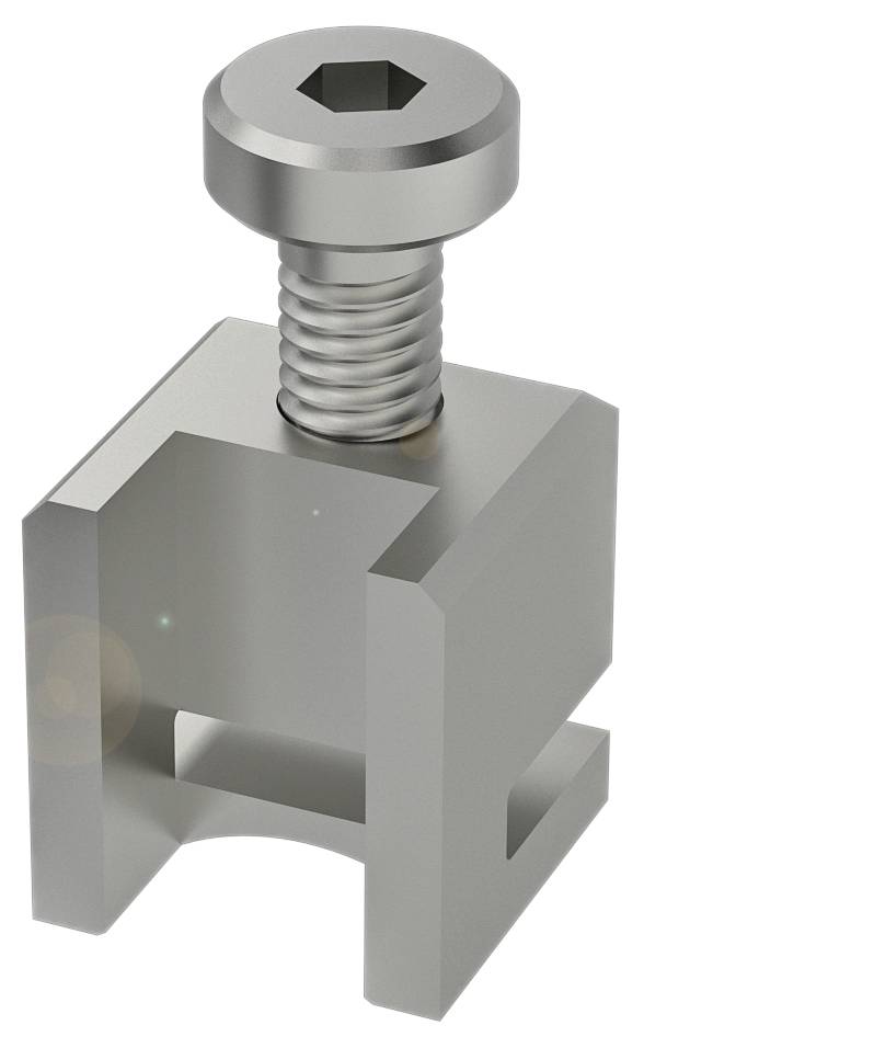 Metallschraube mit sechseckigem Innenteil, die in einem passenden, rechteckigen Metallblock montiert ist. Technik- oder Montagekontext.