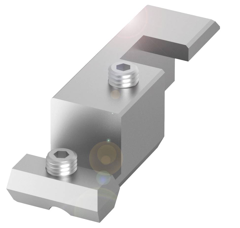 Metallisches mechanisches Bauteil mit zwei Befestigungsschrauben, rechteckige Form mit abgewinkeltem Ende, möglicherweise ein Halterungselement.
