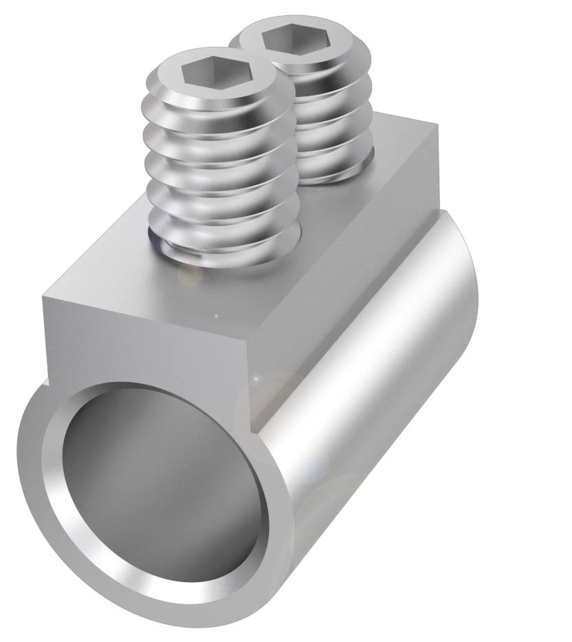 Metallisches Rohrverbindungsstück mit zwei Sechskantschrauben zur Fixierung von Röhrenenden. Hauptsächlich in technischen Anwendungen genutzt.