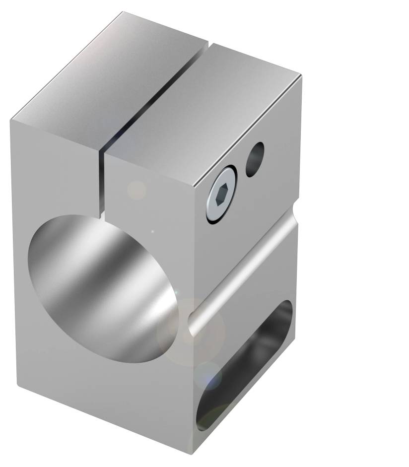 Metallklammerblock mit Schraubenöffnung und zylindrischem Ausschnitt, wahrscheinlich zur Befestigung von Bauteilen genutzt.