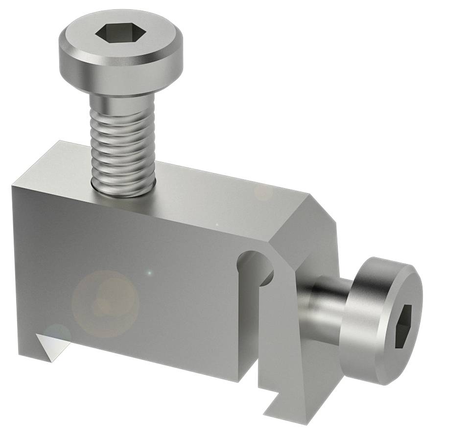 Metallblock mit zwei sechseckigen Schrauben, eine oben in vertikaler Position, eine seitlich in horizontaler Position.