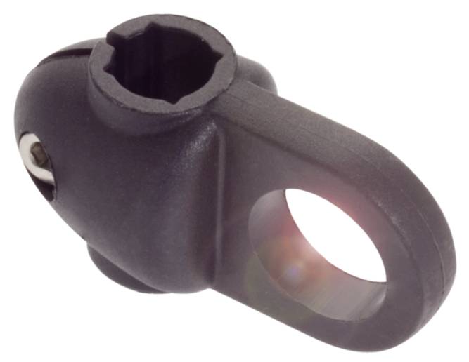 Schwarzer Kunststoffadapter mit rundem Hohlraum und zwei seitlichen Öffnungen. Verwendbar zur Befestigung an Schienen oder Rohren.