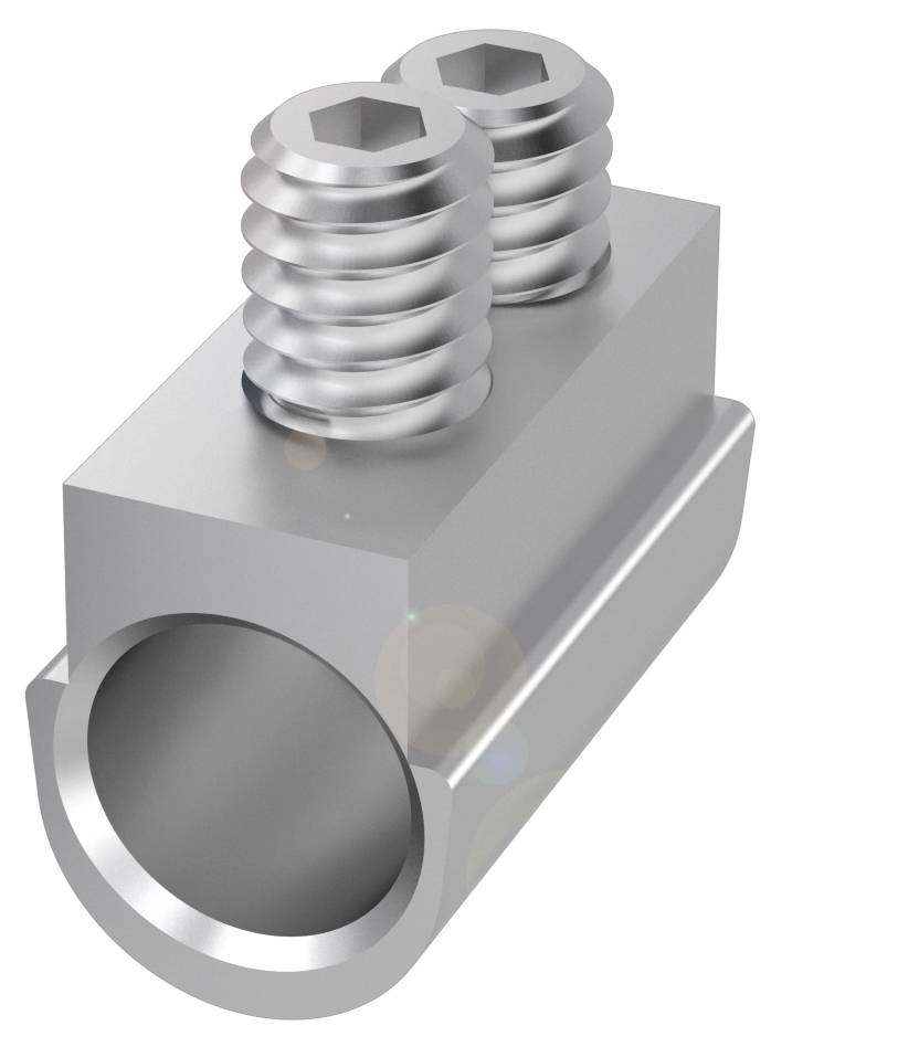 Metallisches Rohrverbindungselement mit zwei Sechskantschrauben zur Befestigung.