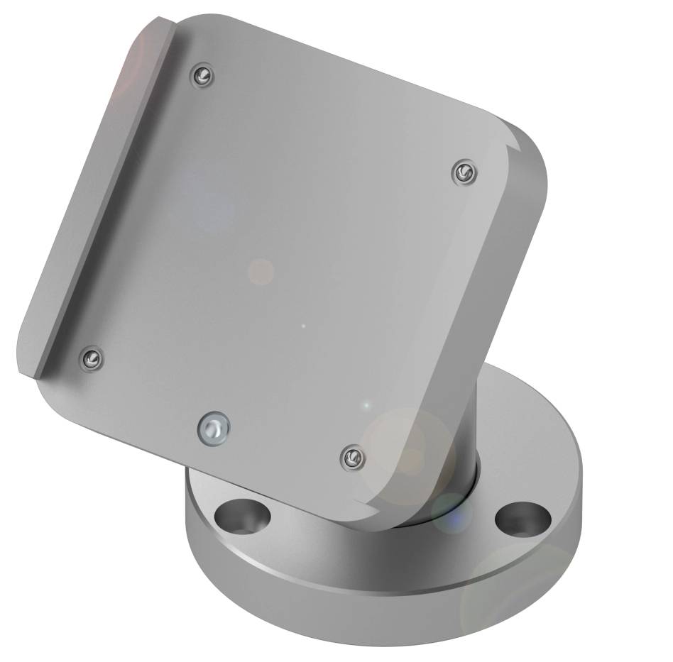 Eine silberne, quadratische Metallhalterung mit abgewinkeltem Arm und runder Basis, geeignet für technische Anwendungen.