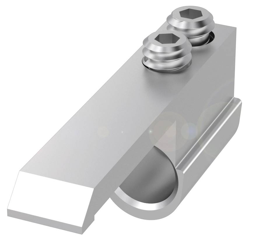 Ein silbernes Metallteil mit zwei Innensechskant-Schrauben oben, vermutlich zur Befestigung oder als Verbindungselement geeignet.