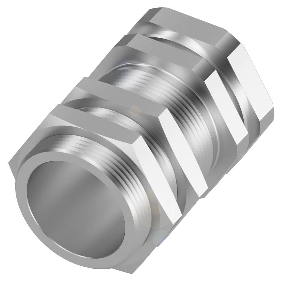Ein zylindrischer, metallischer Gegenstand mit geripptem Design, vermutlich ein mechanischer Teil wie eine Schraubhülse oder Anschluss.