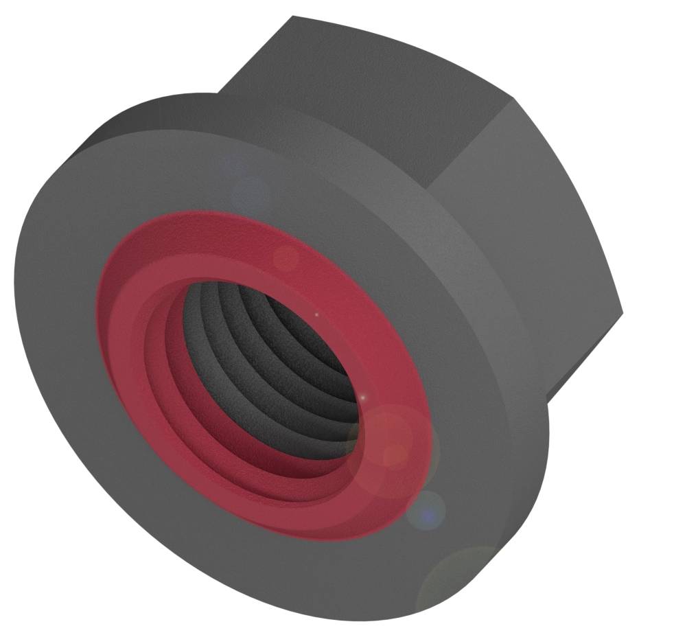 Eine schwarze und rote Kunststoffmutter mit einem runden Kopf und einem verschraubbaren Innengewinde, perspektivisch von oben sichtbar.