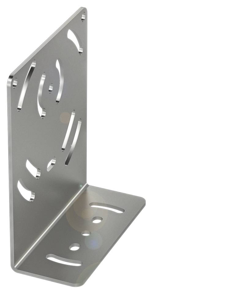 Metallwinkel mit mehreren Löchern zur Befestigung, seitliche Ansicht. Er dient zur Stabilisierung oder Montage von Bauteilen.