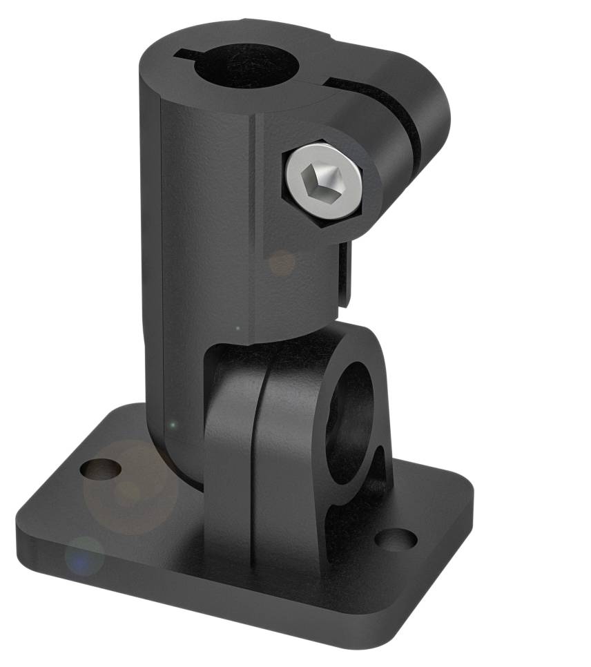 Ein schwarzes Gelenkstück aus Metall, montiert auf einer rechteckigen Basisplatte mit Schraubenlöchern.