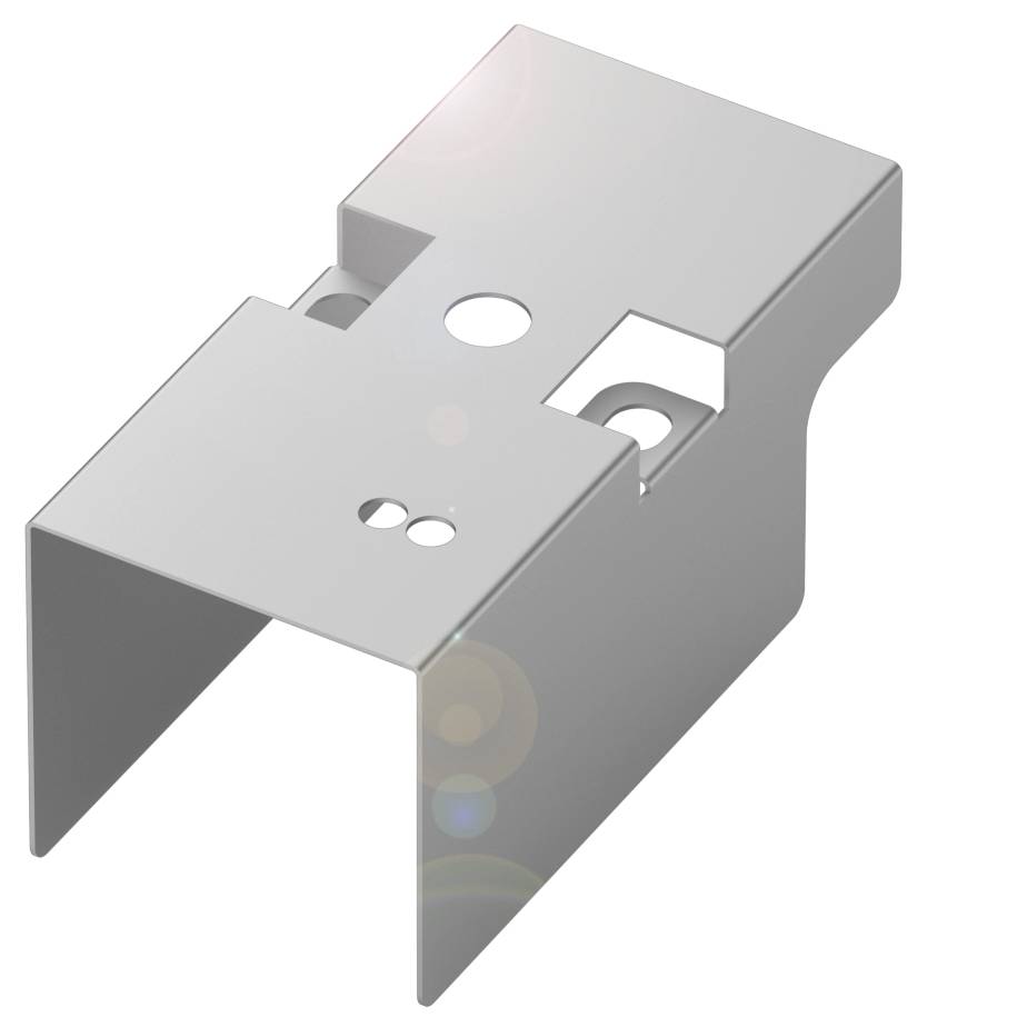 Metallwinkel mit Bohrungen, geeignet zur Montage an Wänden oder Decken. Robust, silbern, mit reflektierendem Licht auf der Oberfläche.