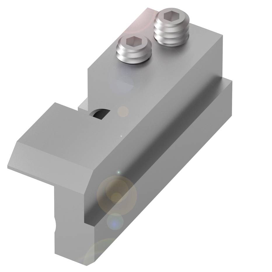 Industrielles Maschinenteil aus Metall, mit zwei Schrauben und prismatischer Form. Verwendet zur Befestigung oder Montage von Geräten.