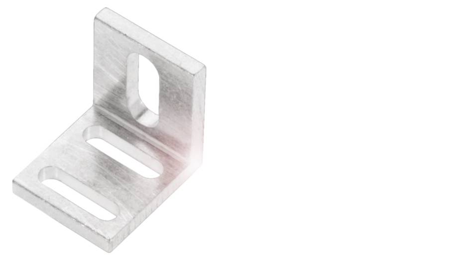 Metallwinkel mit drei Langlöchern, zur Befestigung oder Stabilisierung von Strukturen. Rechteckige Form mit abgerundeten Kanten.