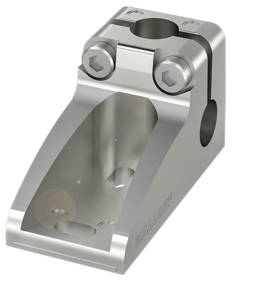 Ein silbernes mechanisches Bauteil aus Metall mit zwei Schrauben und einem gebogenen Abschnitt, vermutlich zur Befestigung von Komponenten.