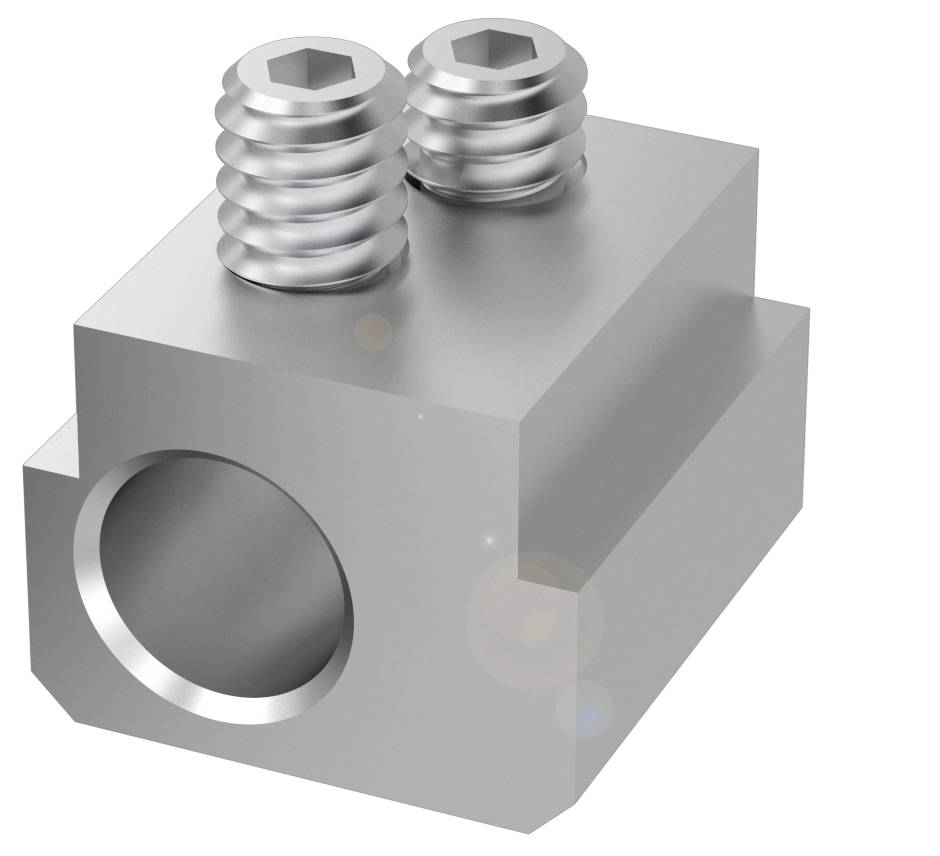 Metallischer Verbinderblock mit zwei sechseckigen Schrauben oben, zeigt Öffnung für Kabel oder Rohre.