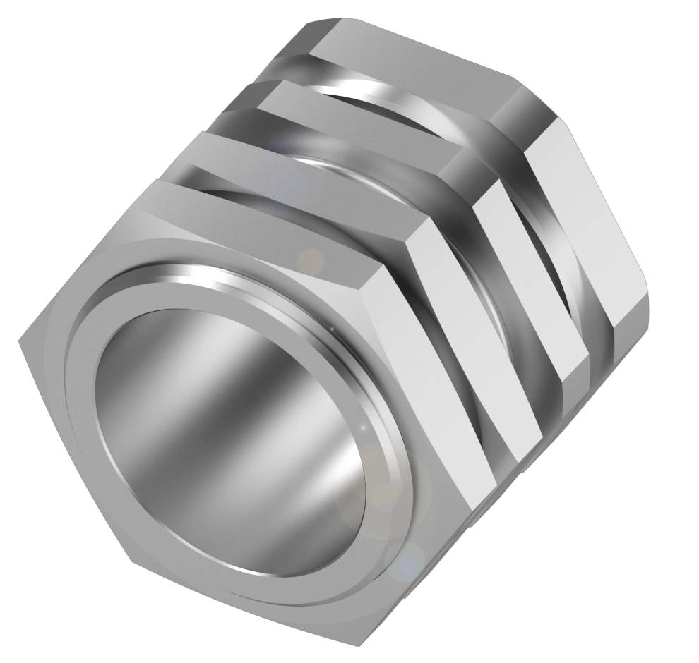 Sechskant-Metallstück mit mehreren Rillen, möglicherweise Teil einer mechanischen Komponente oder Verbindungselement.