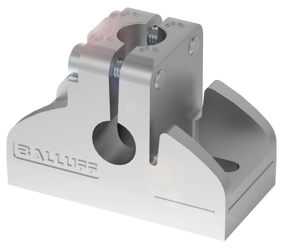 Halterung aus Metall für industrielle Anwendungen mit dem eingravierten Markennamen 'BALLUFF'.