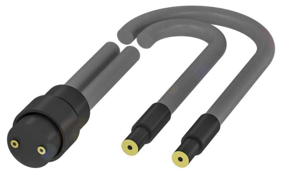 Schwarzes runder Stecker mit zwei Stiften verbunden mit flexiblen Kabeln, die in zwei separate Leitungen enden.