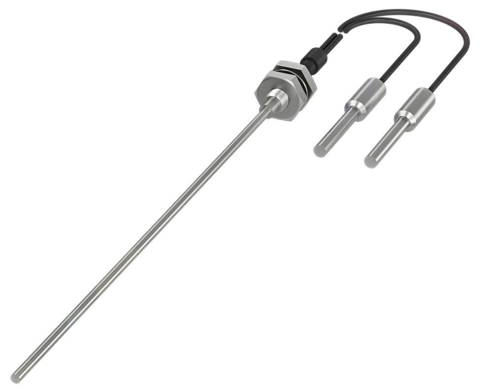 Drei Temperatursensoren, einer mit langem Stab und zwei kleinere mit Kabel. Geeignet für industrielle Anwendungen.
