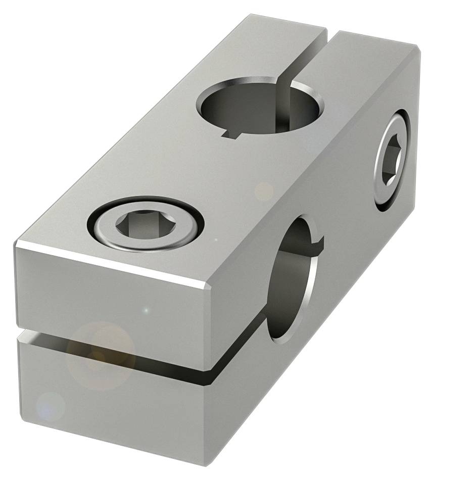 Metallblock mit Schlitz und zwei Schraubenlöchern, vermutlich zur Befestigung oder Verbindung von Bauteilen.