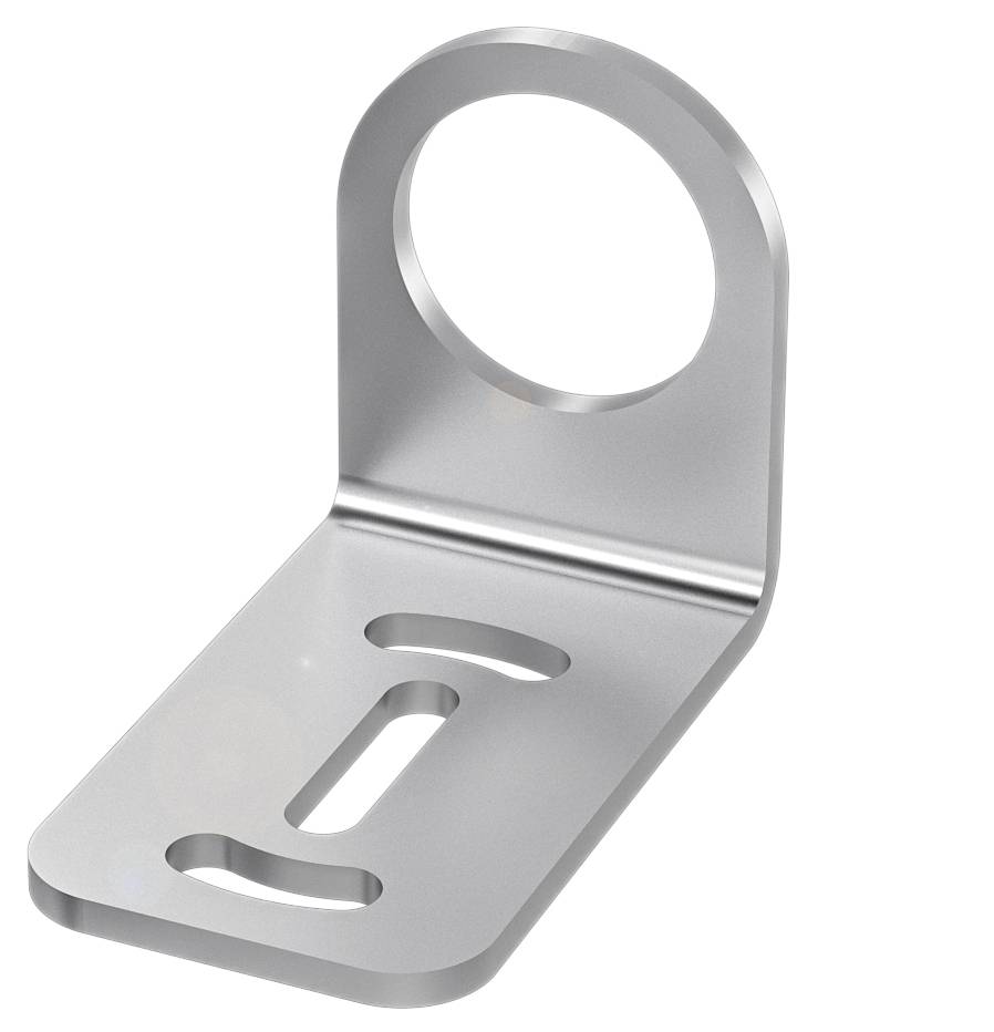Metallwinkelhalterung mit einer runden Befestigungsöffnung und länglichem Schlitz zur flexiblen Montage. Ideal für Konstruktionen.