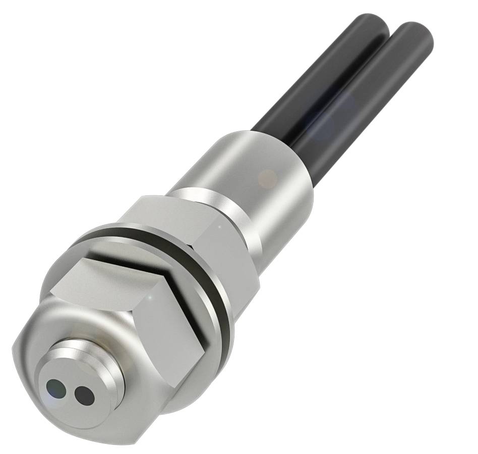 Metallsensor mit zylindrischem Gehäuse und zwei schwarzen Kabeln zur Verbindung.