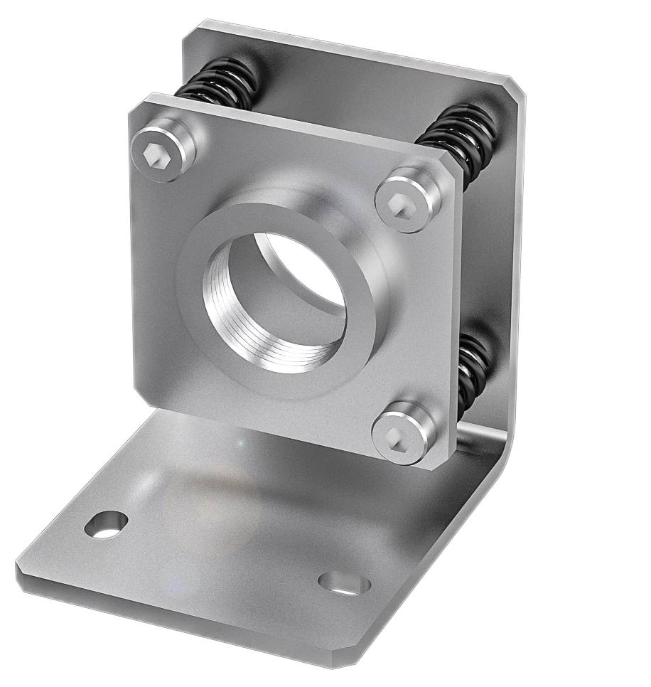 Metallwinkelhalterung mit vier Schrauben und zwei Federn, geeignet zum Befestigen oder Montieren von Geräten oder Komponenten.