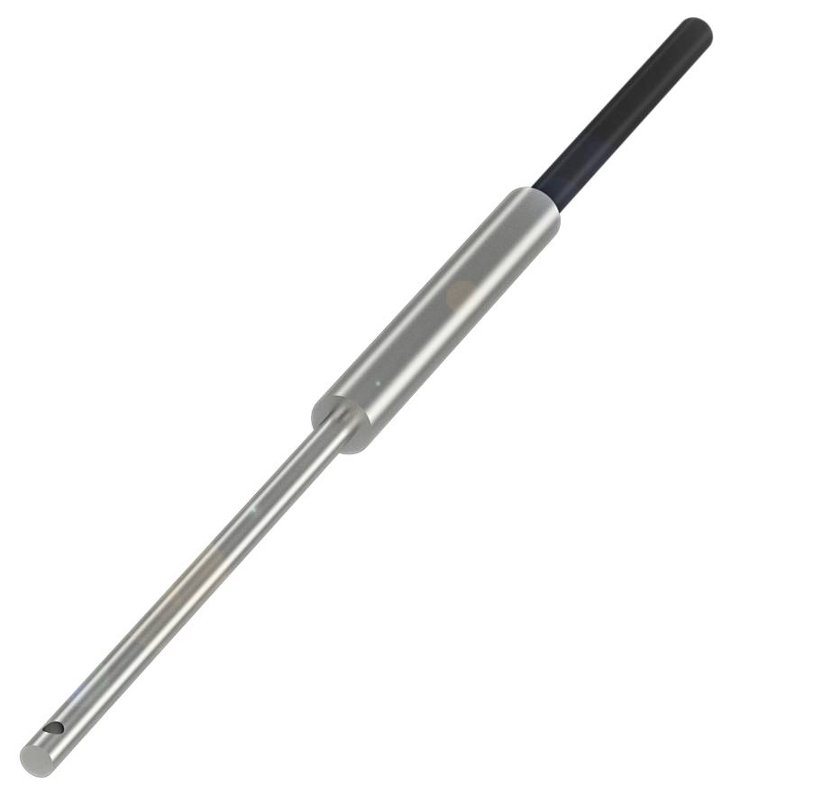 Ein silberner Metallstab mit einem schwarzen Griff. Der Stab hat eine schmale, längliche Form.