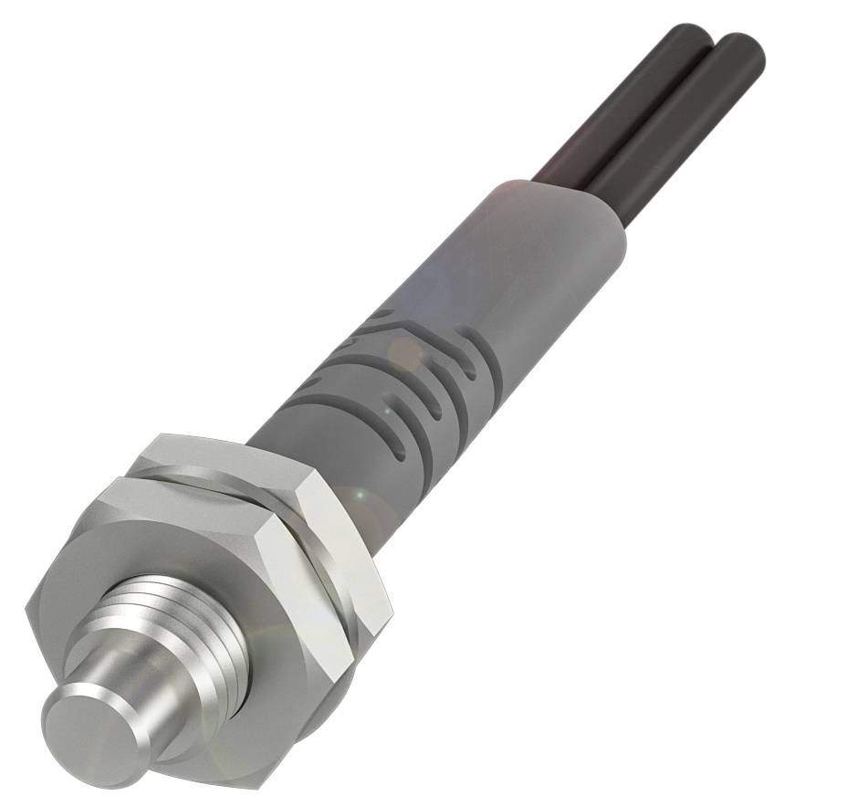 Metallischer Sensor mit zylindrischem Gehäuse und zwei Kabeln zum Anschluss. Geeignet für industrielle Anwendungen.