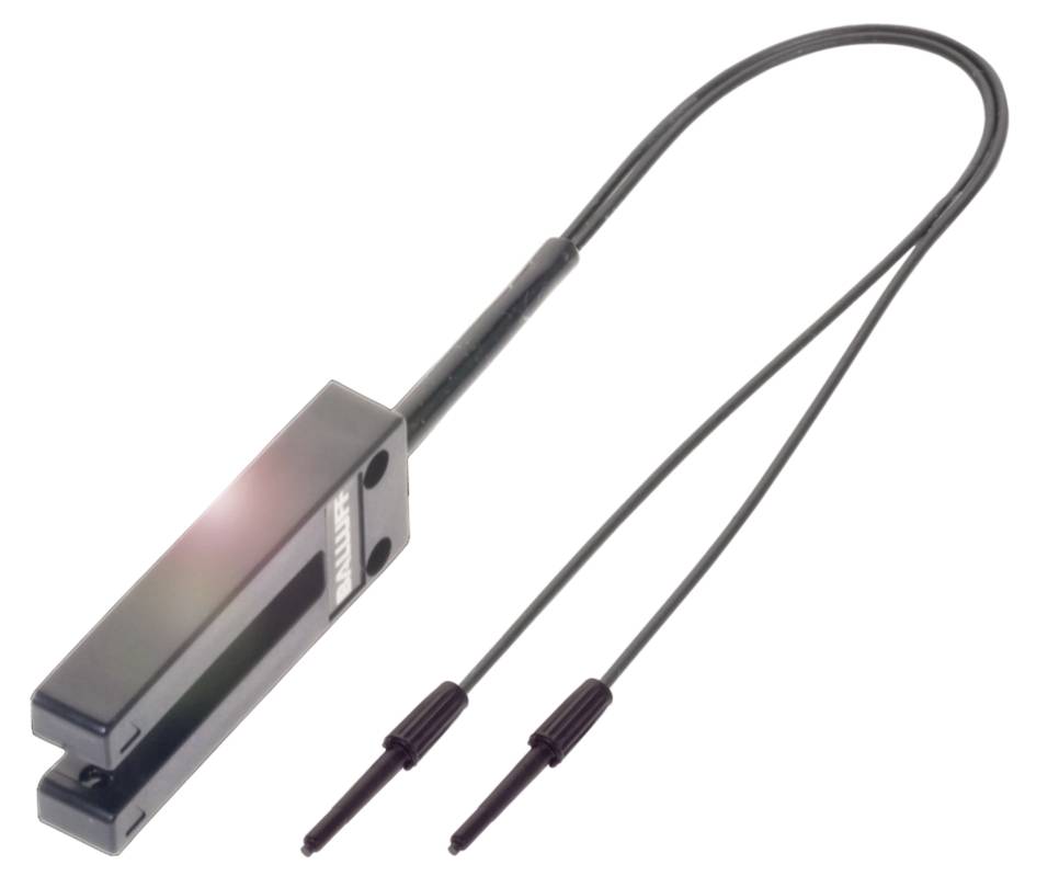 Ein Lichtsensor mit zwei Steckverbindern und einem Kabel. Der Sensor hat ein rechteckiges, schwarzes Gehäuse und misst Lichtintensität.